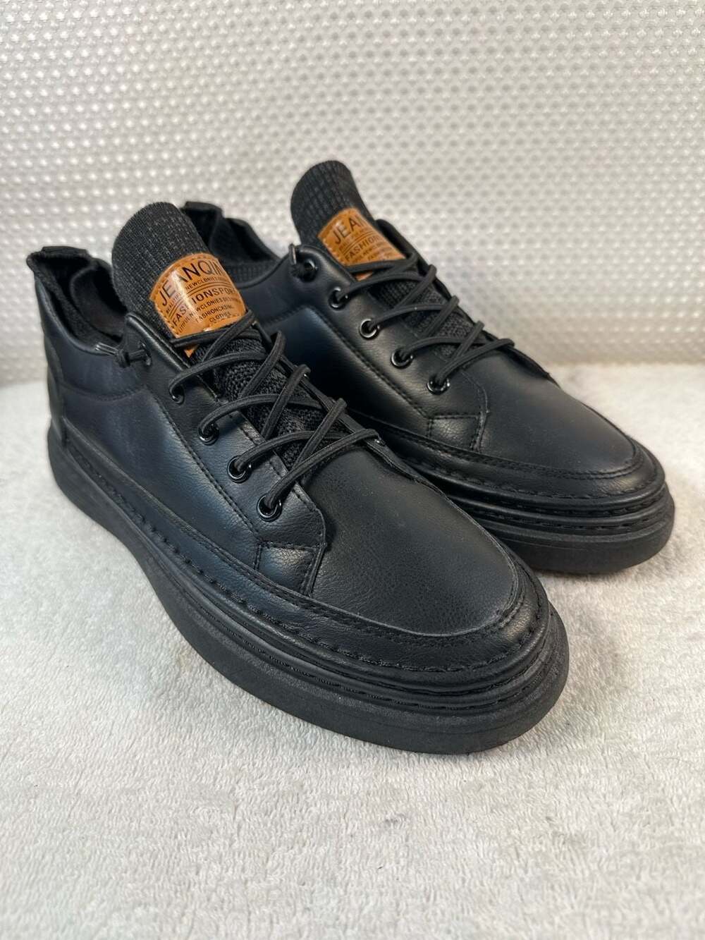 Jeanqin Fashionsport Black Faux Leather Low-Top Casual Elevator Sneakers